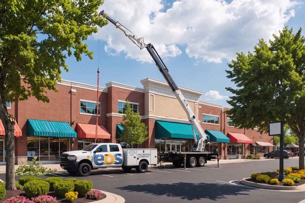 crane in front of strip mall